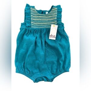 NWT Tea Teal and Gold Embroidered Princess Snap Closure Girls Romper Sz 12-18M
